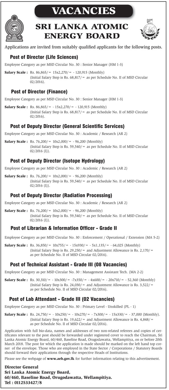 Director, Deputy Director, Librarian & Information Officer, Technical Assistant, Lab Attendant - Sri Lanka Atomic Energy Board